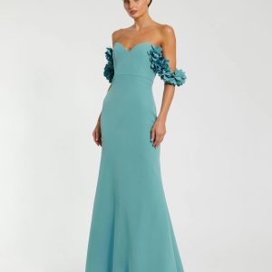 Blue Crepe Off The Shoulder Gown With 3D Flowers