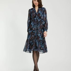 Blue Lurex Chiffon Bishop Sleeve Button Up Midi Dress