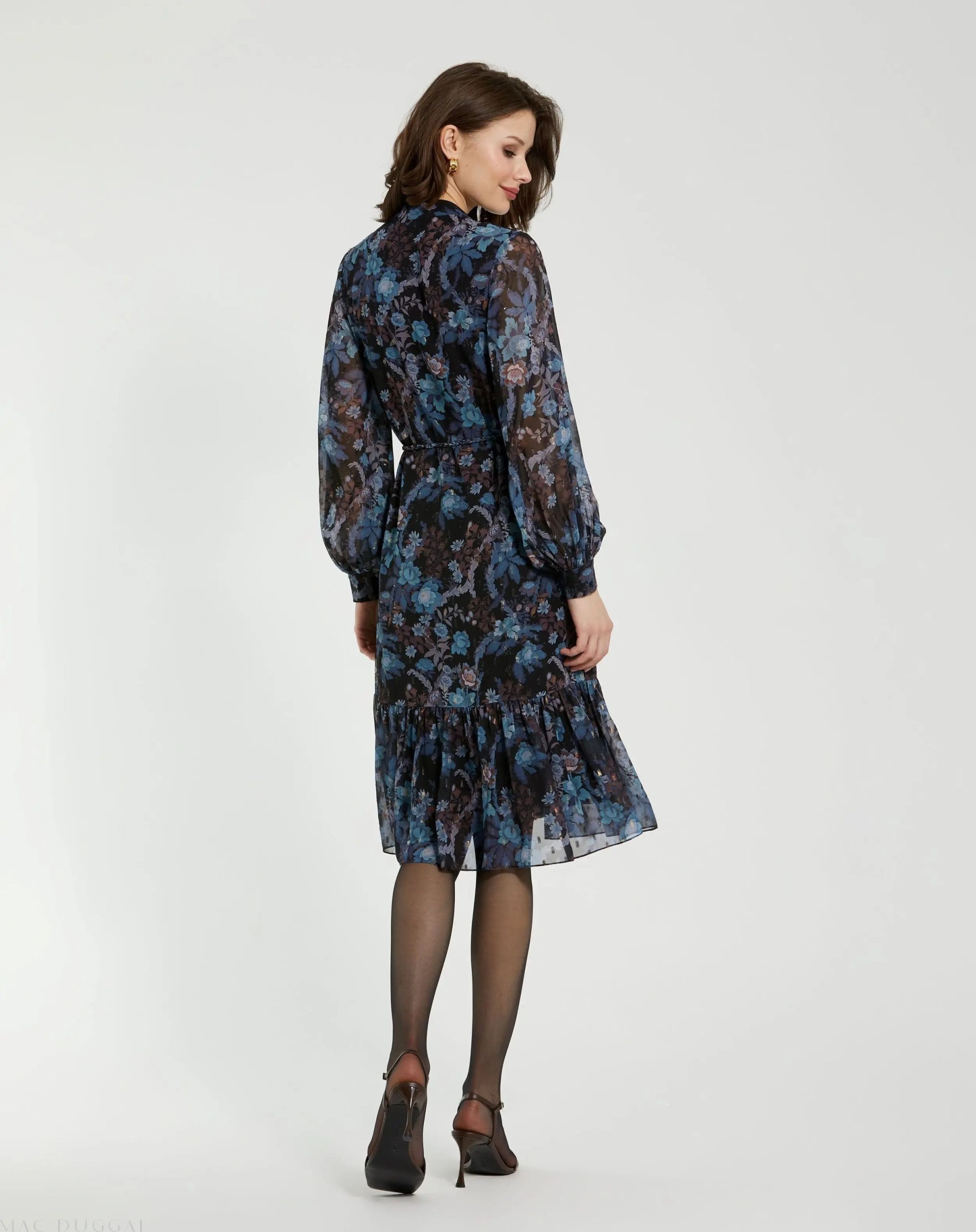 Blue Lurex Chiffon Bishop Sleeve Button Up Midi Dress - Image 4