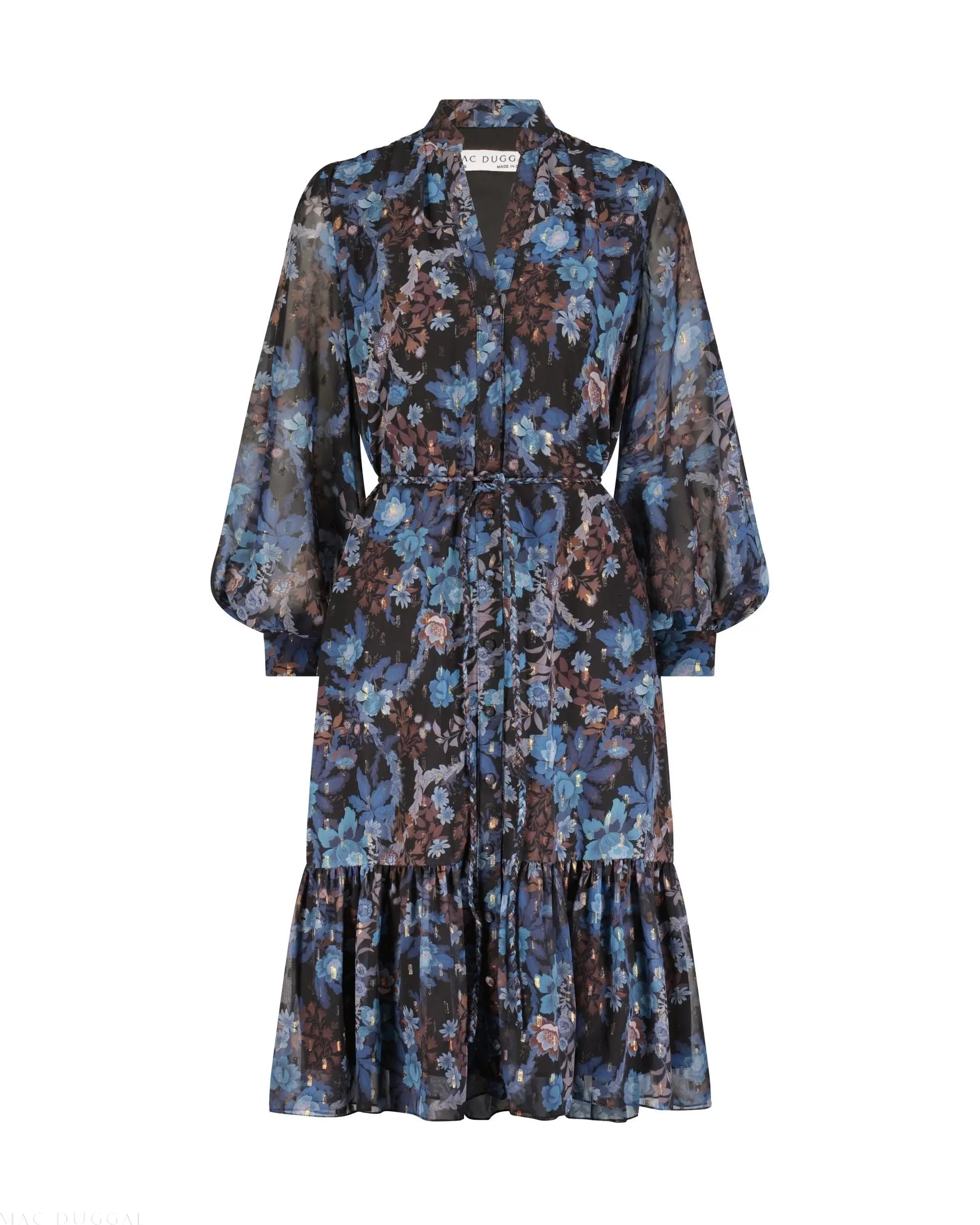 Blue Lurex Chiffon Bishop Sleeve Button Up Midi Dress - Image 6