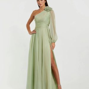 Green One Shoulder 3D Flower Gown With Slit