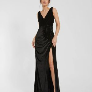 Black Deep V High Slit Draped Velvet Fitted Gown