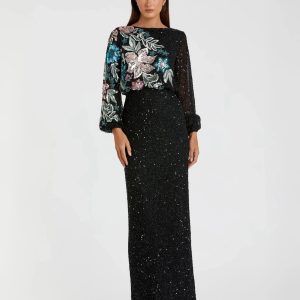 Black High Neck Long Sleeve Sequin Gown