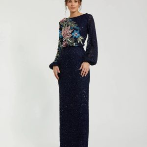 Navy High Neck Long Sleeve Sequin Gown