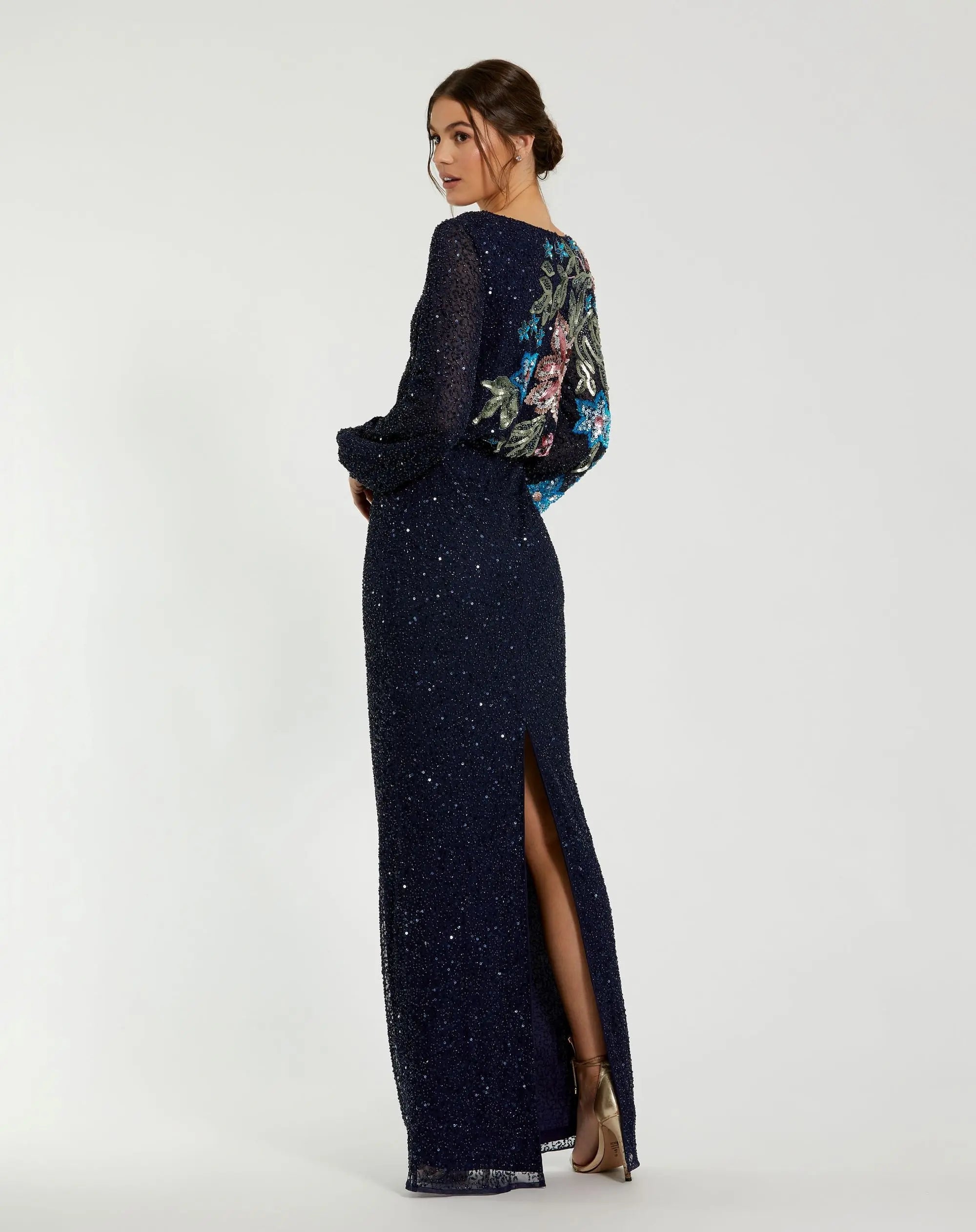 Navy High Neck Long Sleeve Sequin Gown - Image 3