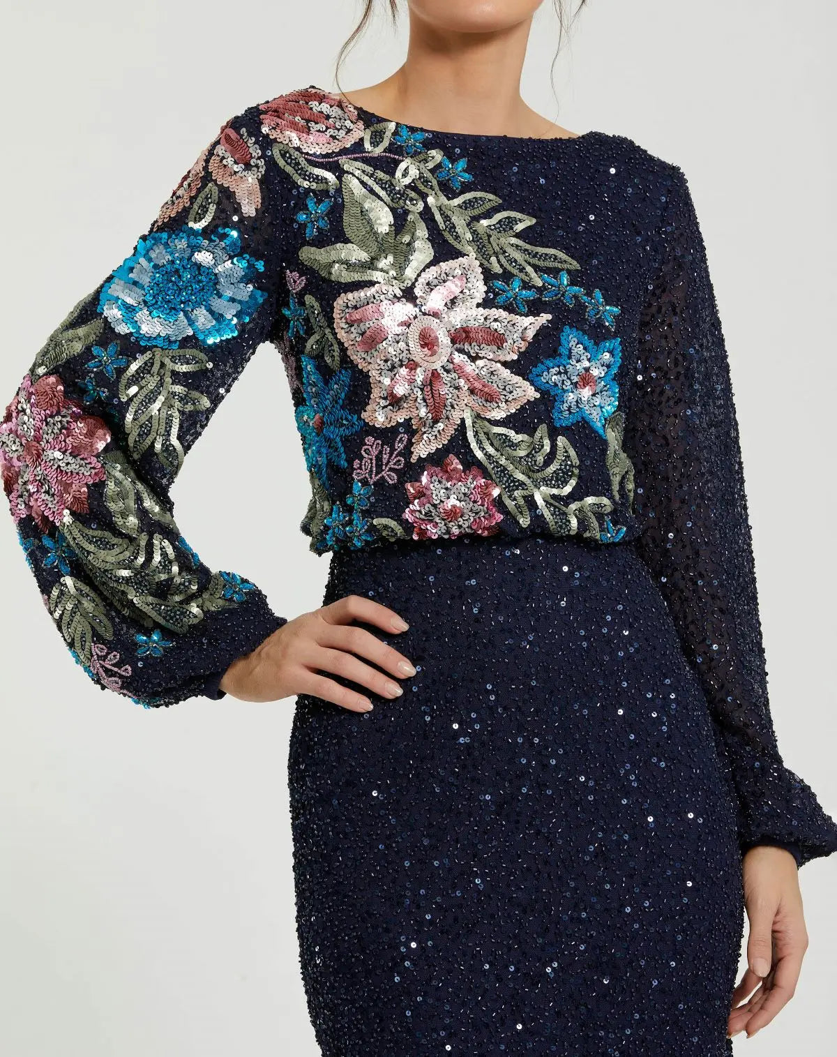 Navy High Neck Long Sleeve Sequin Gown - Image 2