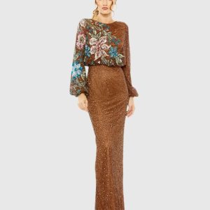 Brown High Neck Long Sleeve Sequin Gown