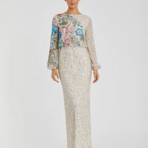 Beige High Neck Long Sleeve Sequin Gown