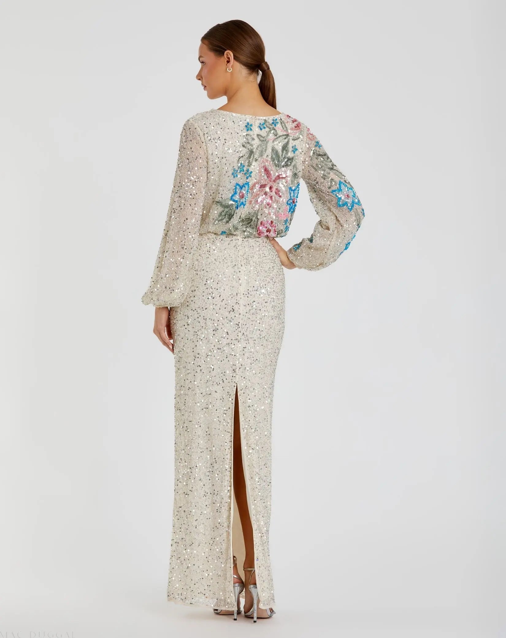 Beige High Neck Long Sleeve Sequin Gown - Image 3