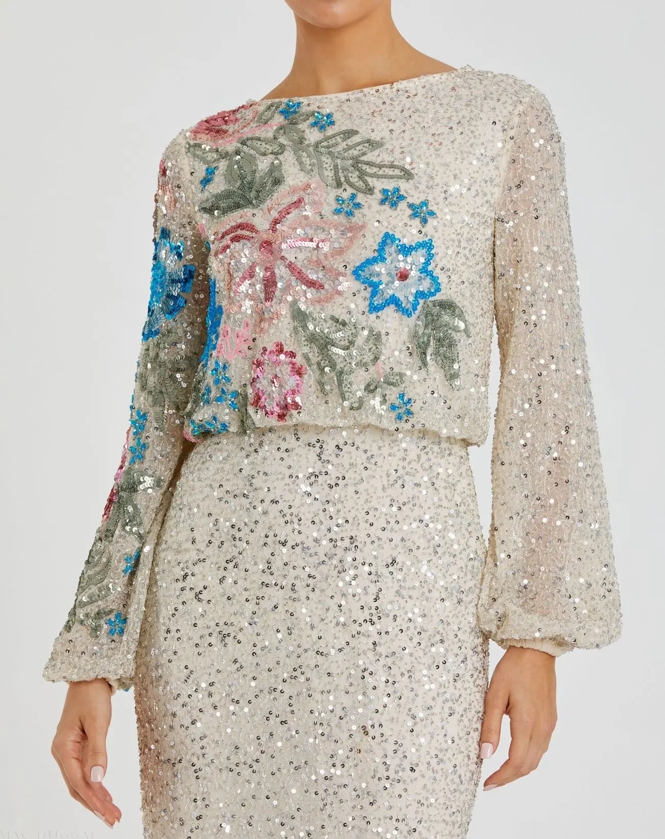 Beige High Neck Long Sleeve Sequin Gown - Image 2