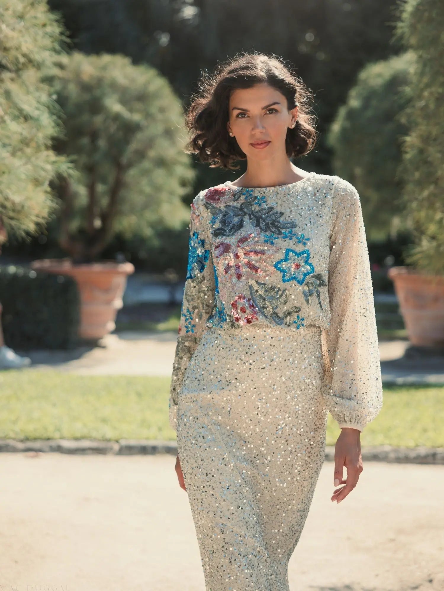 Beige High Neck Long Sleeve Sequin Gown - Image 4