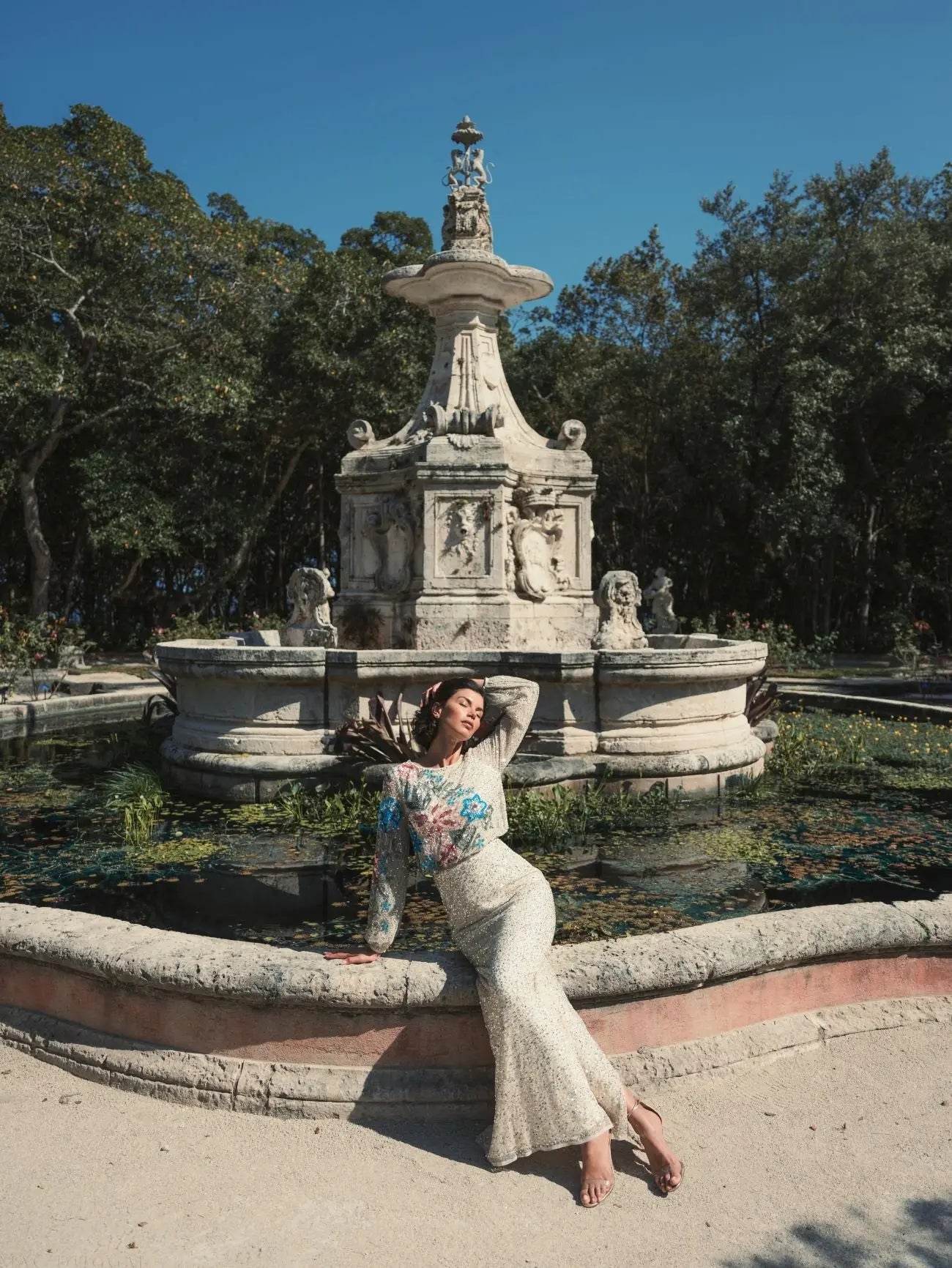 Beige High Neck Long Sleeve Sequin Gown - Image 5