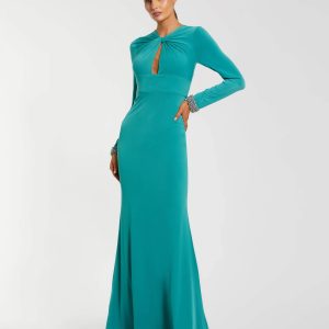 Teal Long Sleeve Twist Neck Jersey Gown With Embellished Cuffs