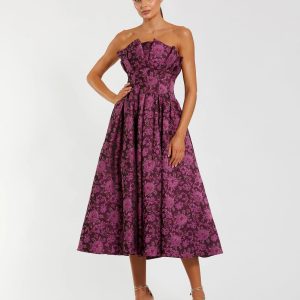 Purple Strapless Floral Brocade A-line Midi Dress
