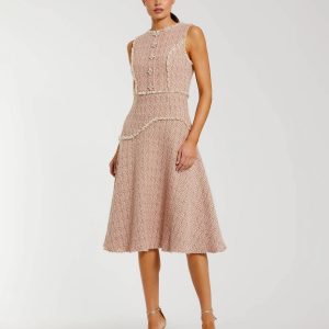 Light Pink Boucle Sleeveless Button Up Midi Dress