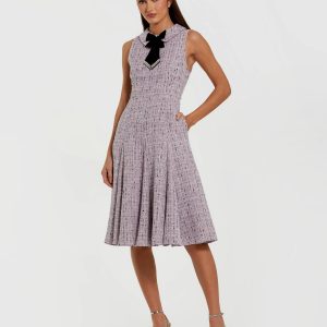 Purple Sleeveless Boucle A-Line Midi Dress With Bow