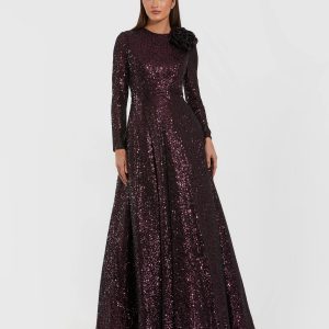 Dark Purple Long Sleeve Sequin Ball Gown With 3D Flower