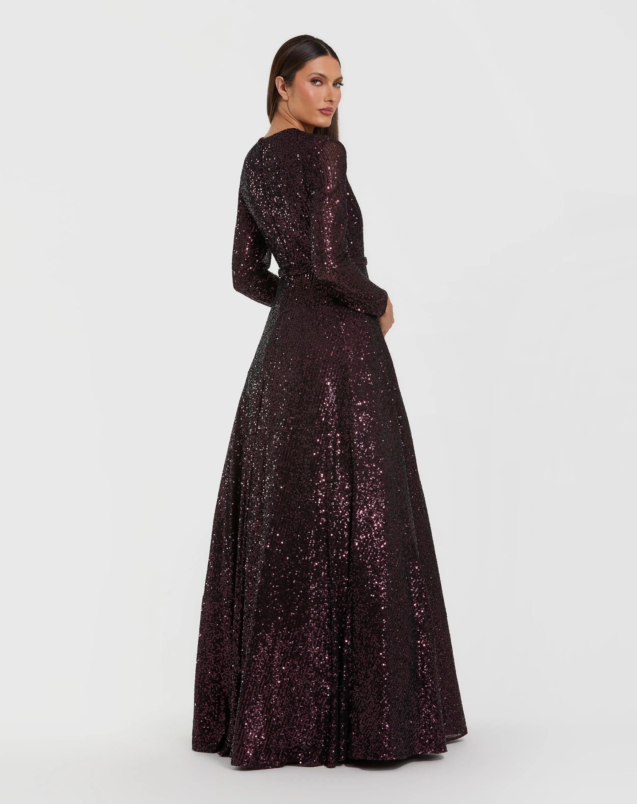 Dark Purple Long Sleeve Sequin Ball Gown With 3D Flower - Image 3