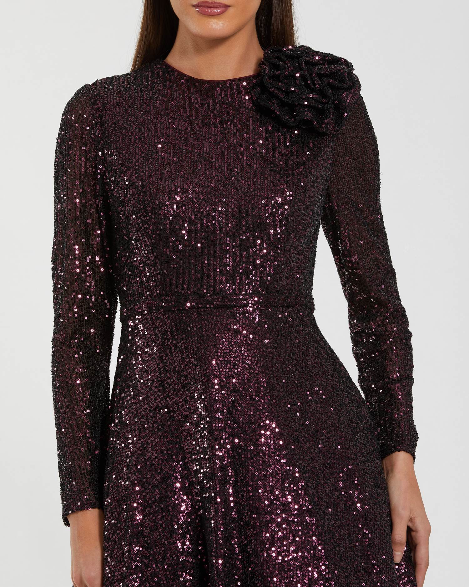 Dark Purple Long Sleeve Sequin Ball Gown With 3D Flower - Image 2