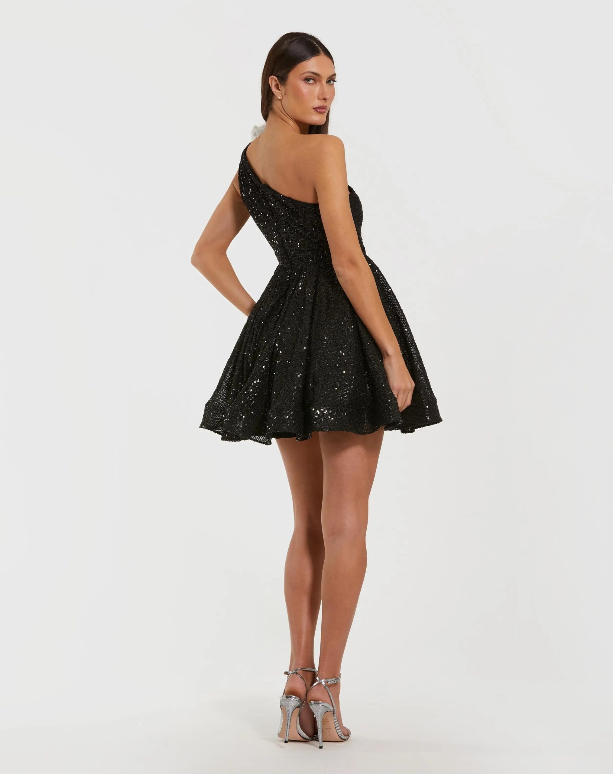 Black One Shoulder Sequin Mini Dress With 3D Flower - Image 3