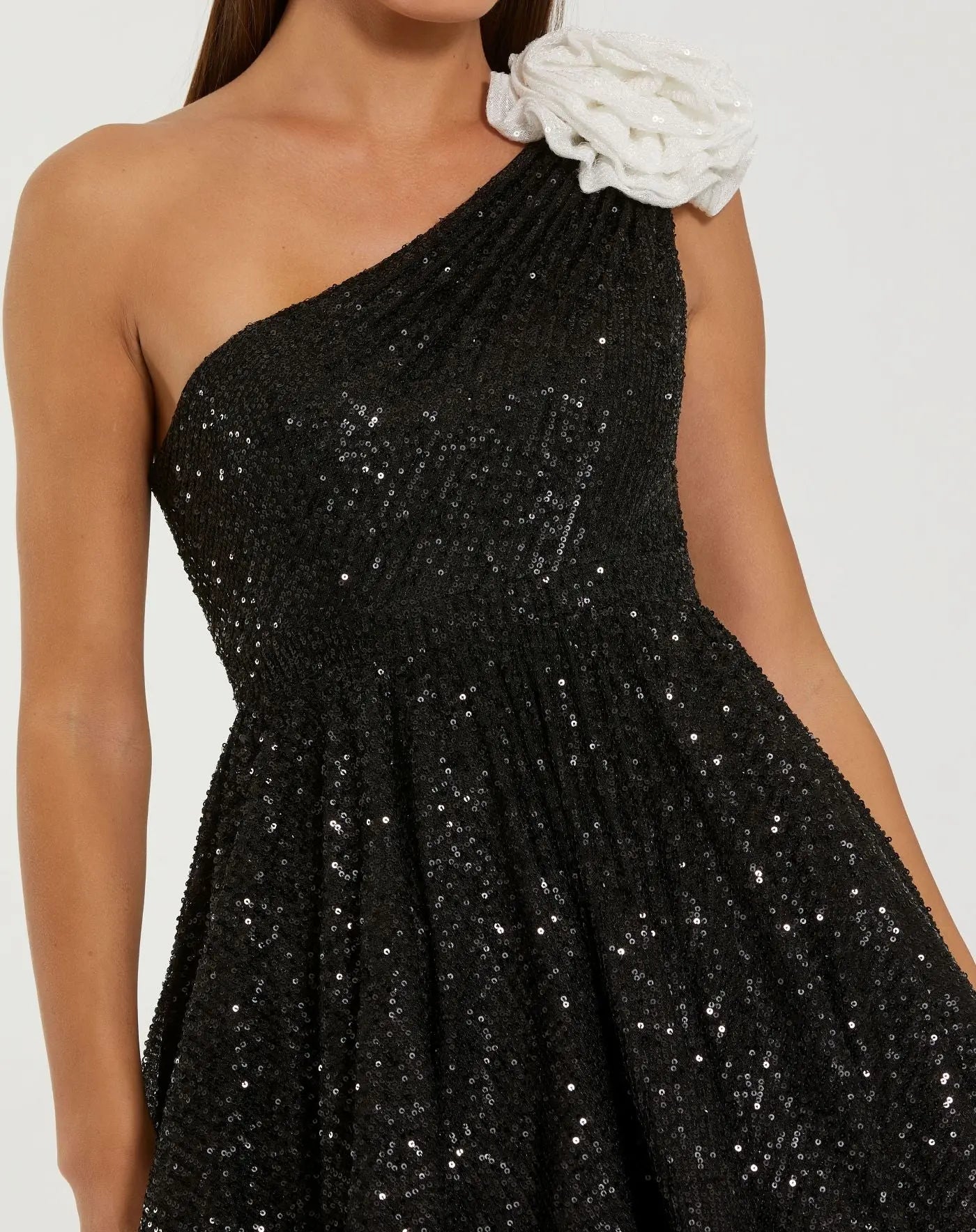 Black One Shoulder Sequin Mini Dress With 3D Flower - Image 2