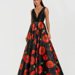 Black Plunge Neck Ball Gown With Floral Mikado Skirt