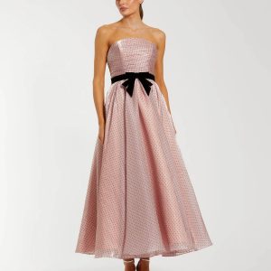 Pink Polka Dot Organza Strapless Midi Dress With Velvet Bow