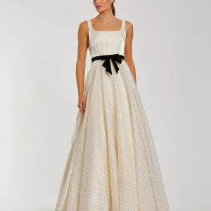 Ivory Polka Dot Square Neck Ball Gown With Bow