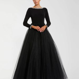 Black Embellished Jersey Long Sleeve Ball Gown With Tulle Skirt