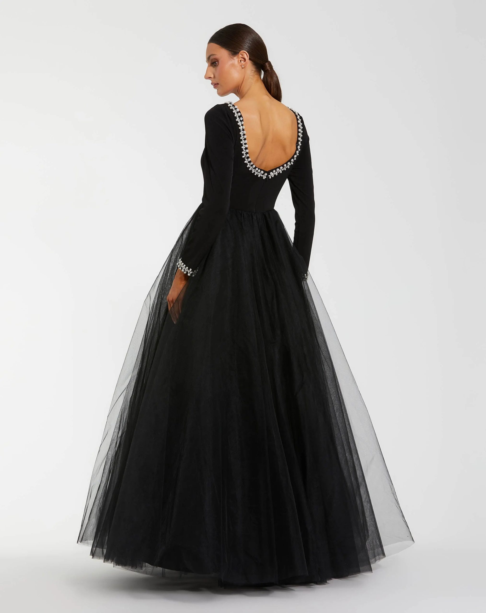 Black Embellished Jersey Long Sleeve Ball Gown With Tulle Skirt - Image 3