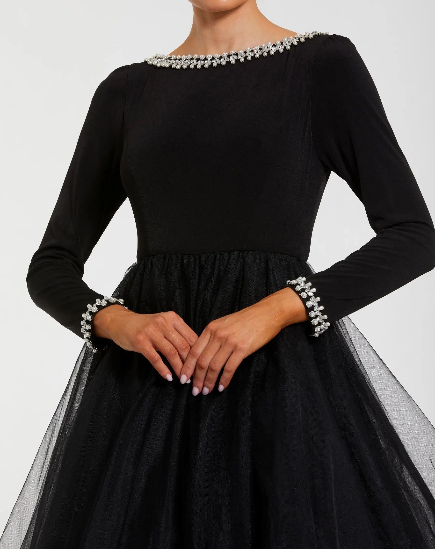 Black Embellished Jersey Long Sleeve Ball Gown With Tulle Skirt - Image 2