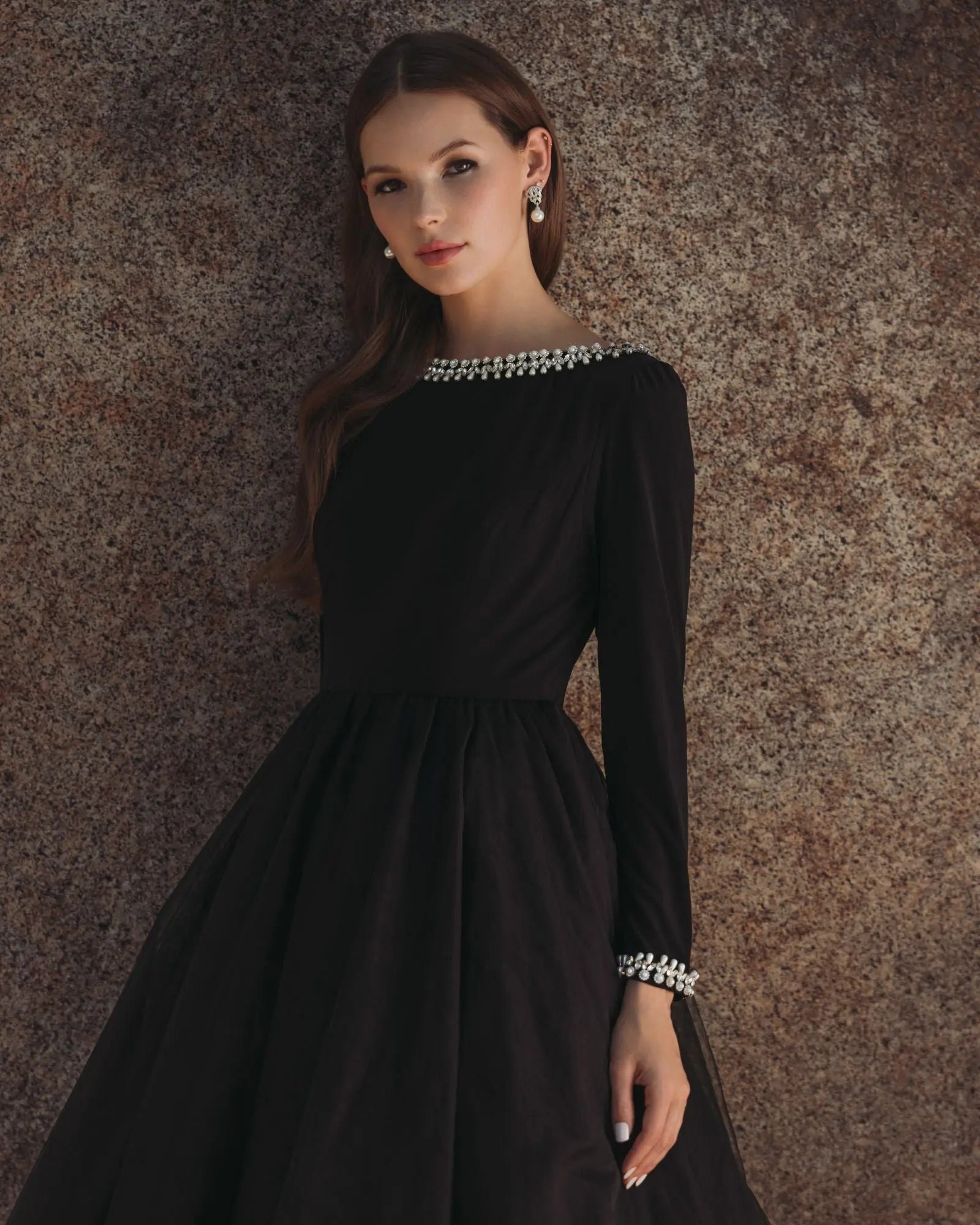 Black Embellished Jersey Long Sleeve Ball Gown With Tulle Skirt - Image 6