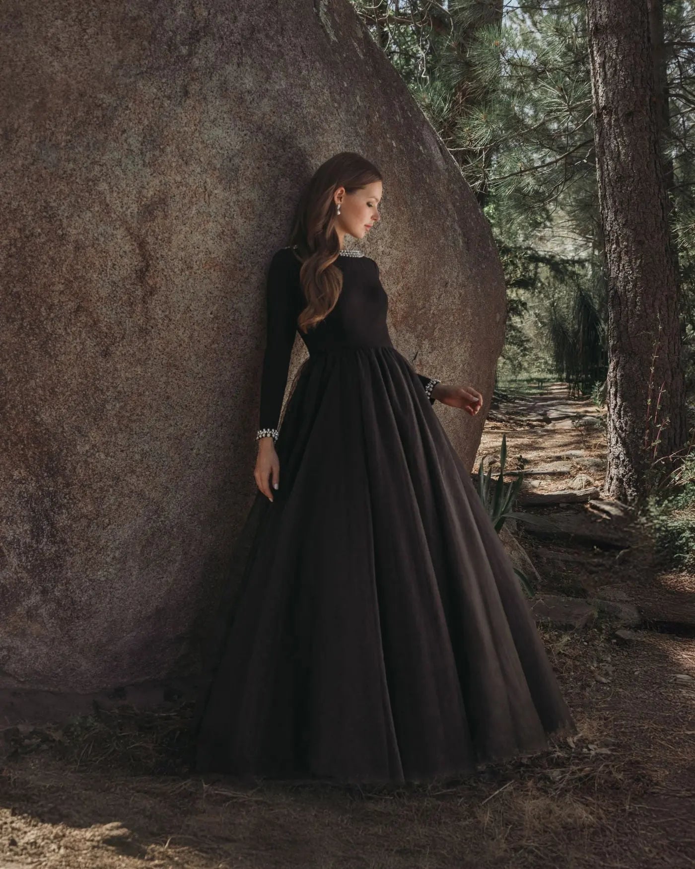 Black Embellished Jersey Long Sleeve Ball Gown With Tulle Skirt - Image 4