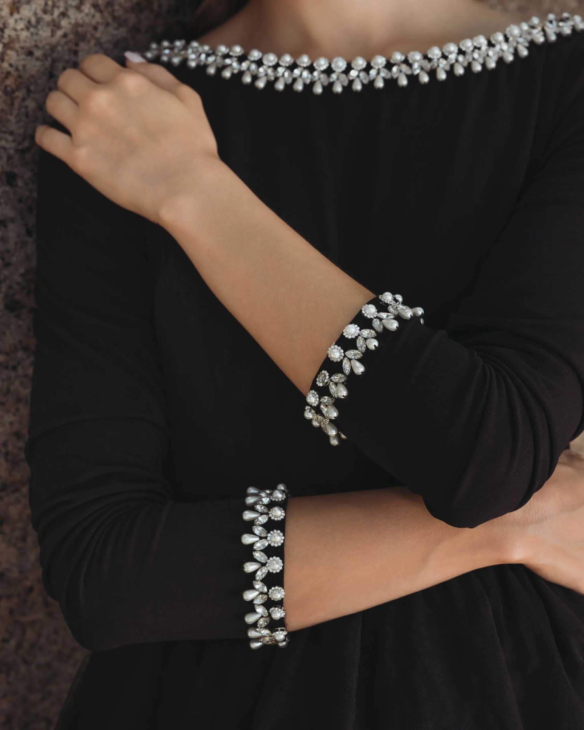 Black Embellished Jersey Long Sleeve Ball Gown With Tulle Skirt - Image 5