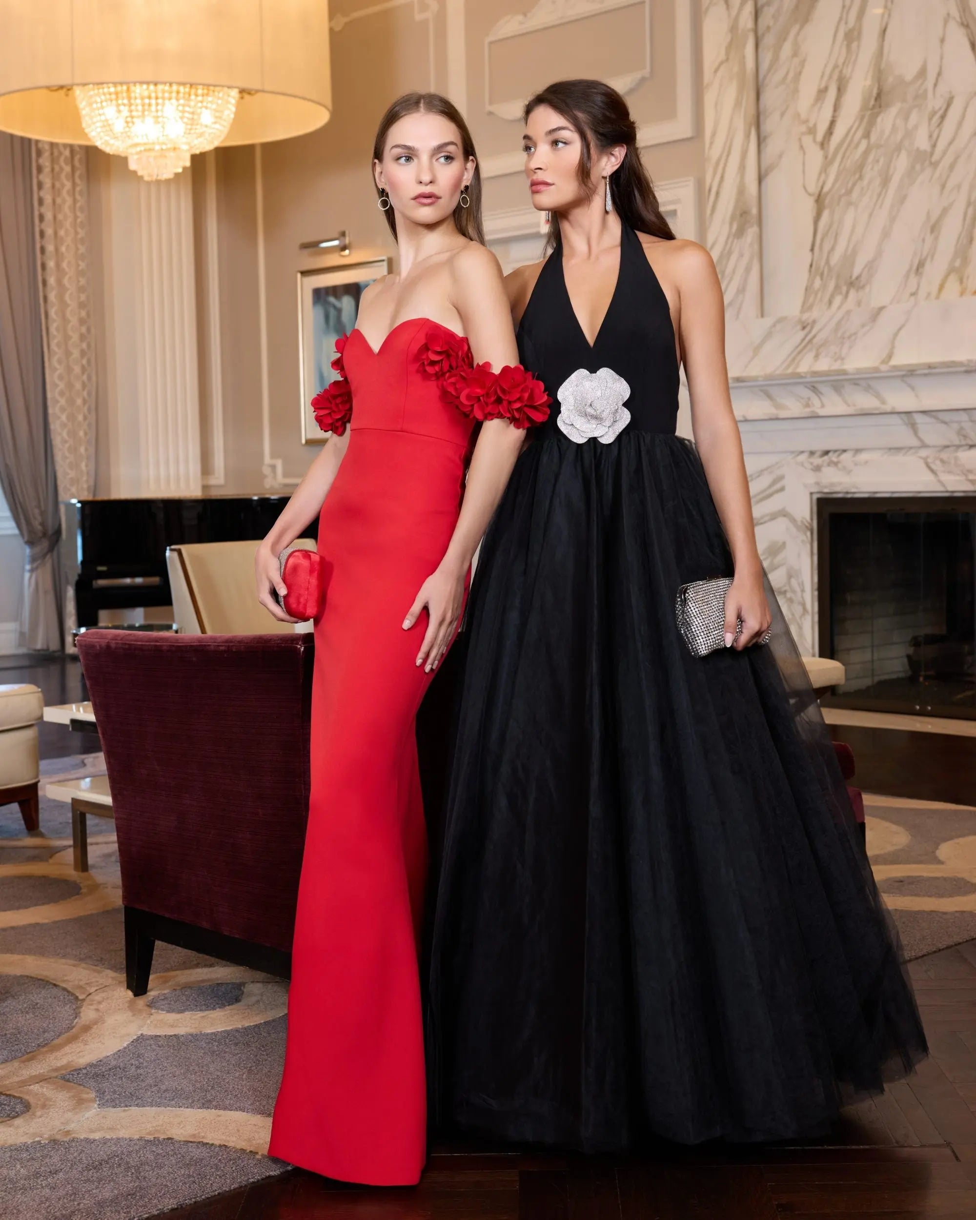 Black Halter Neck Ball Gown with Rhinestone Flower - Image 6