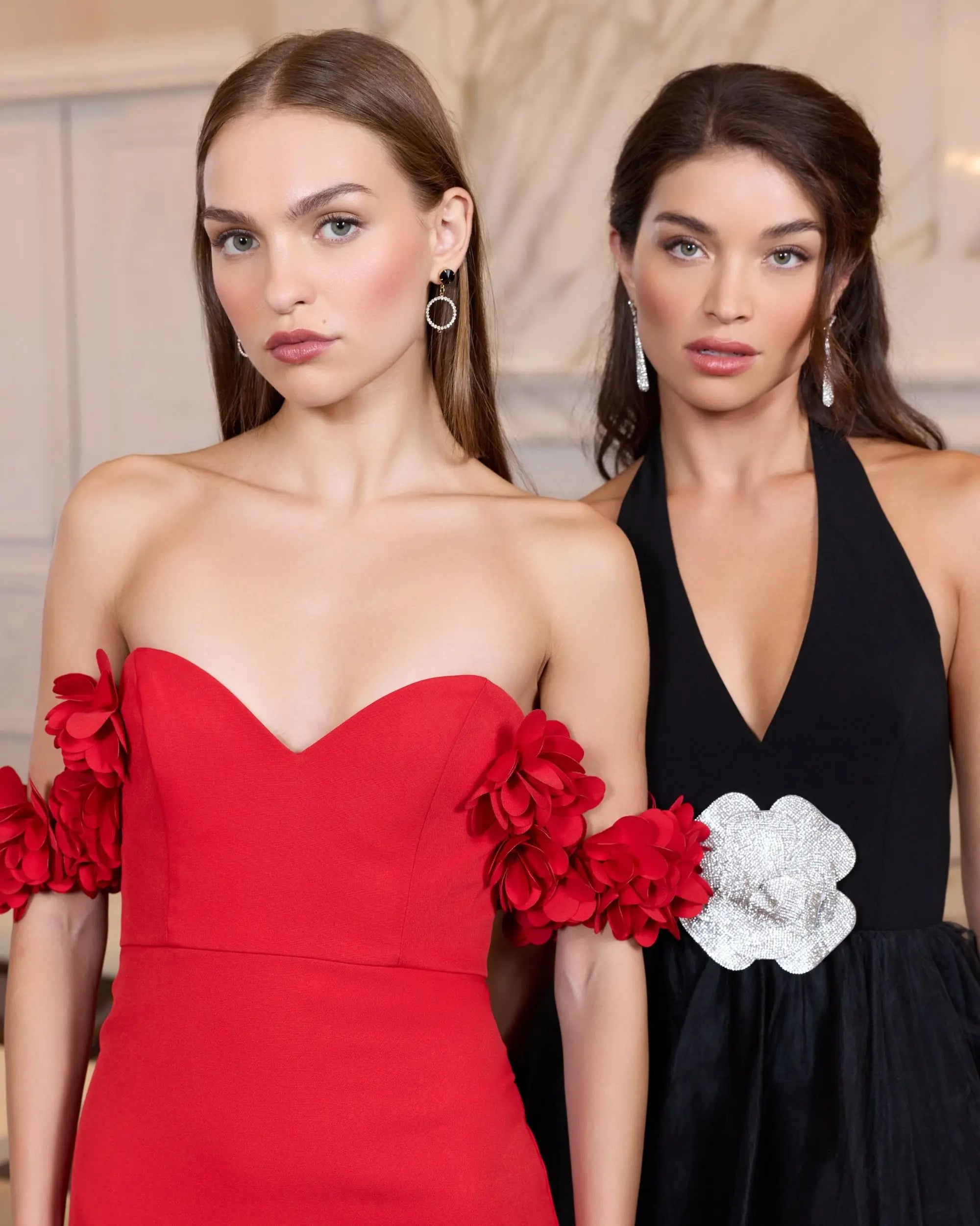 Red Crepe Off The Shoulder Gown With 3D Flowers - Image 5