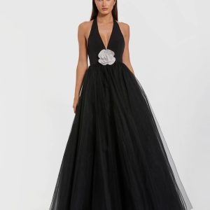 Black Halter Neck Ball Gown with Rhinestone Flower