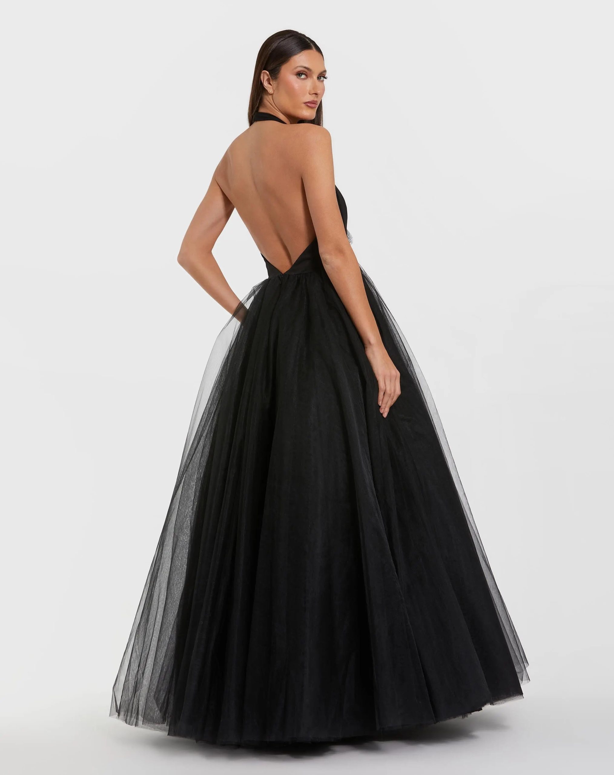 Black Halter Neck Ball Gown with Rhinestone Flower - Image 3