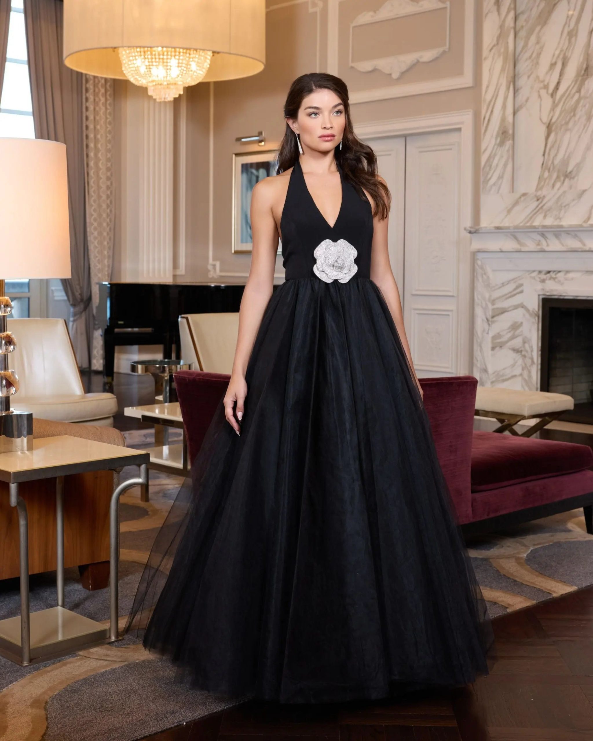 Black Halter Neck Ball Gown with Rhinestone Flower - Image 4