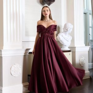 Burgundy Satin Off The Shoulder Twist Evening Ball Gown