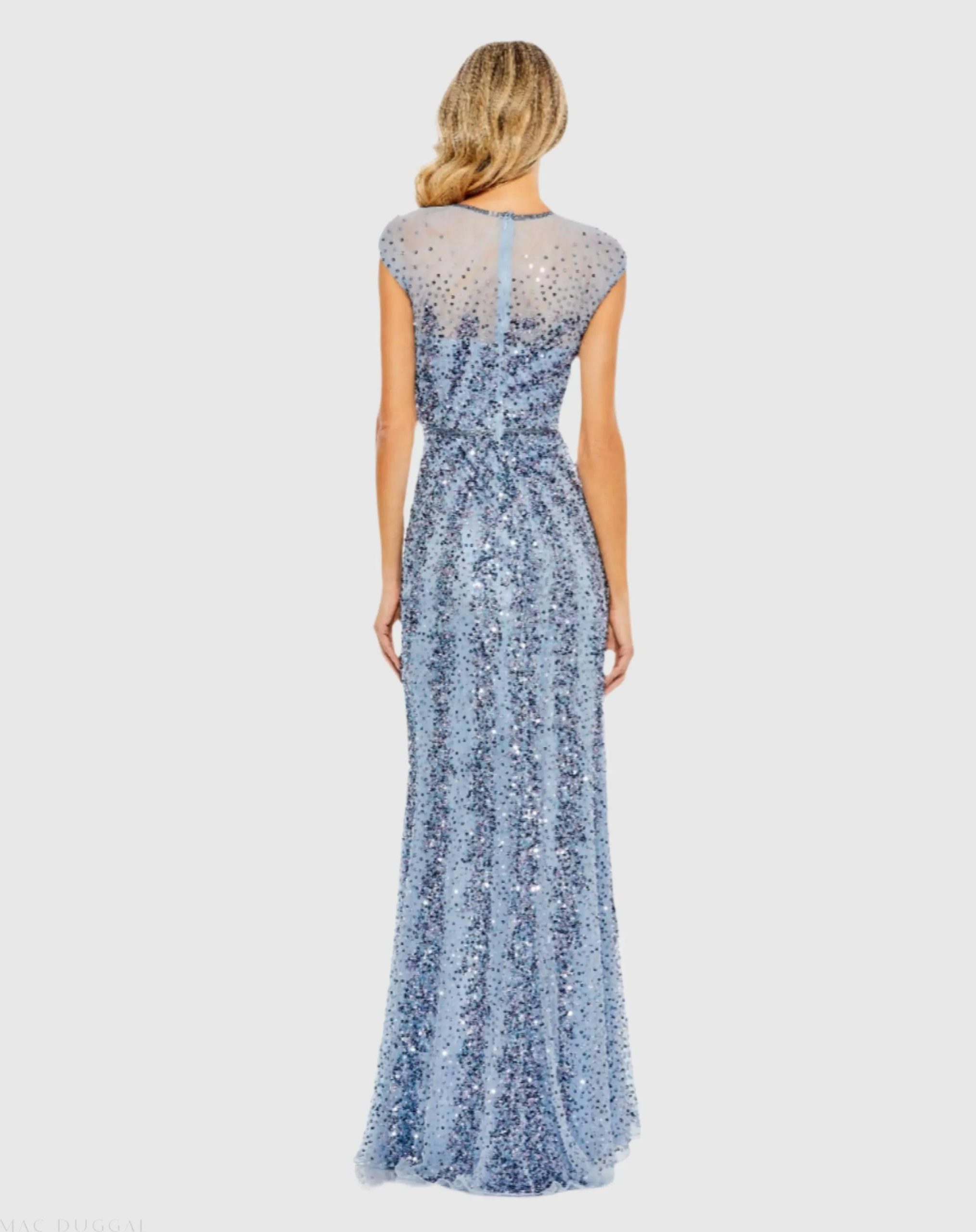Blue Embellished Illusion High Neck Cap Sleeve Gown - Image 3