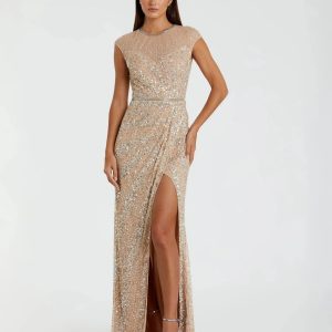 Beige Embellished Illusion High Neck Cap Sleeve Gown