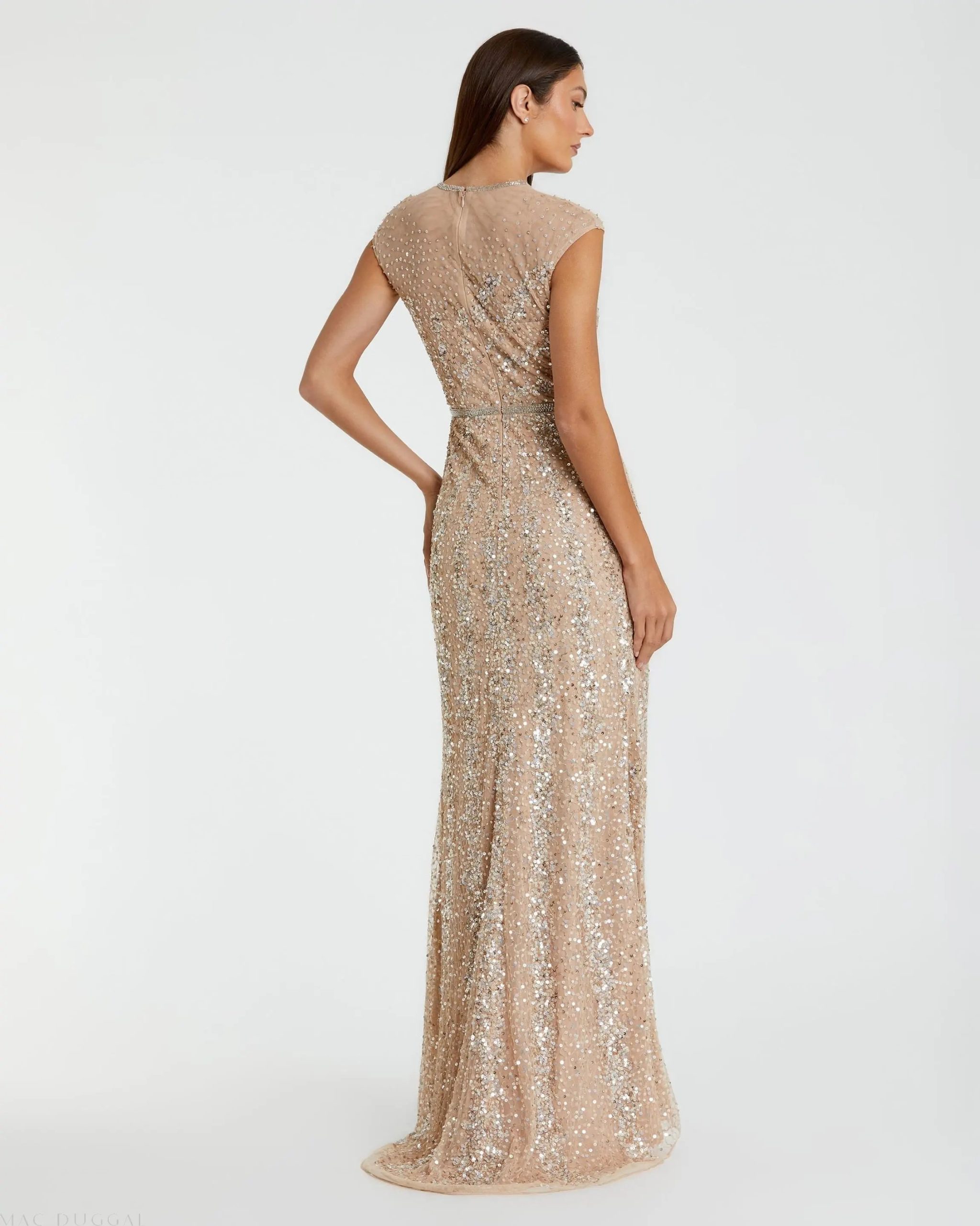 Beige Embellished Illusion High Neck Cap Sleeve Gown - Image 3