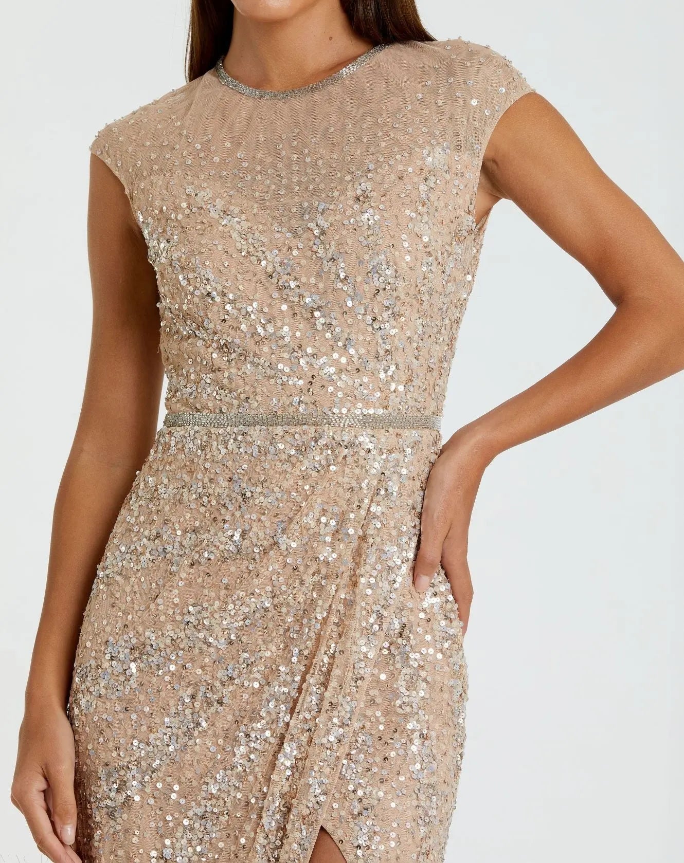Beige Embellished Illusion High Neck Cap Sleeve Gown - Image 2