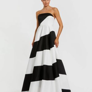 Black and White Striped Satin Strapless Ball Gown