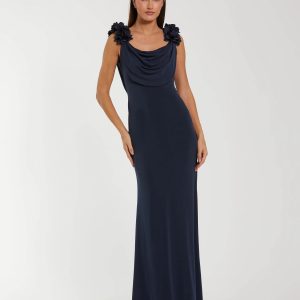 Navy Cowl Neck Jersey Gown With 3D Flower Straps