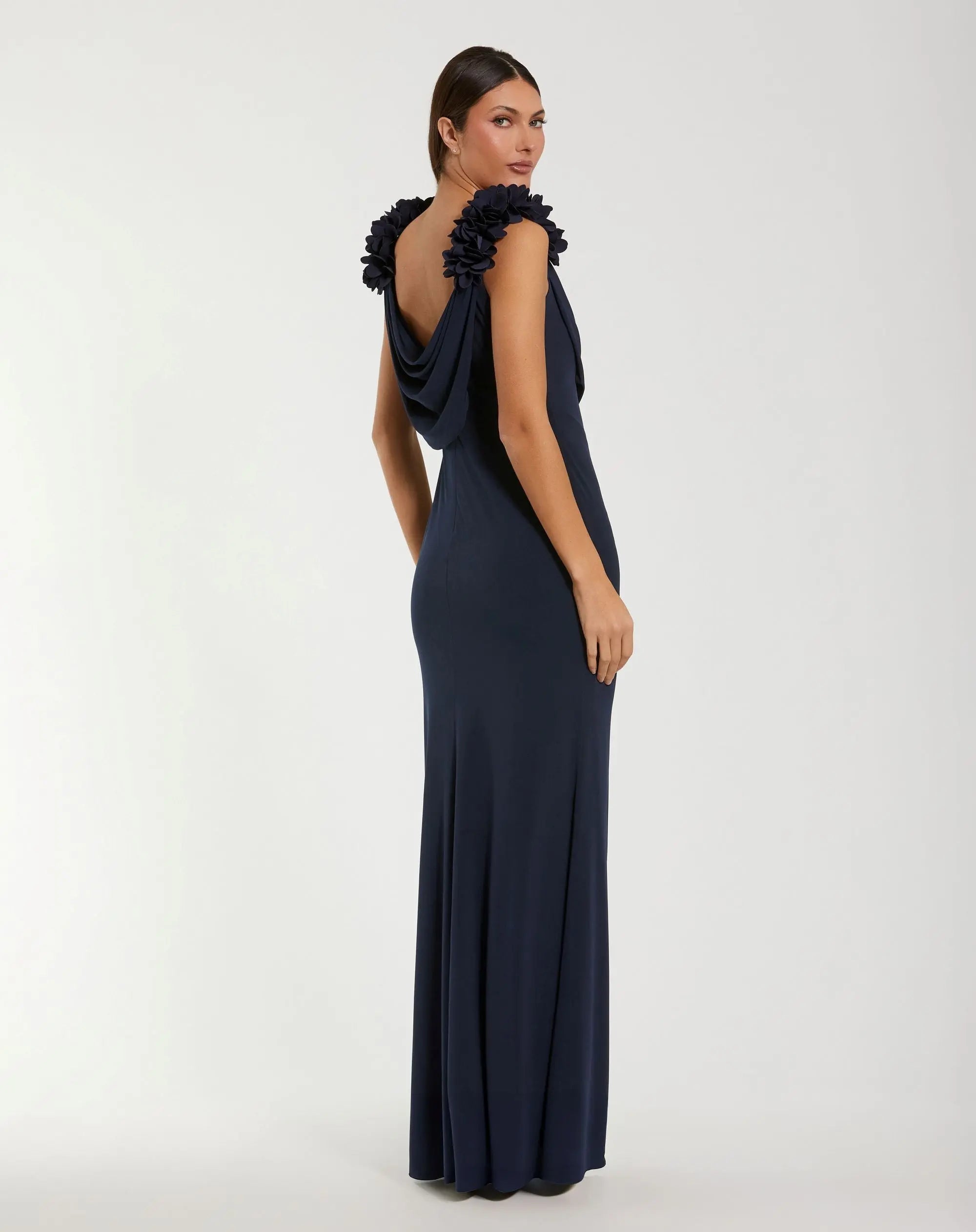 Navy Cowl Neck Jersey Gown With 3D Flower Straps - Image 3