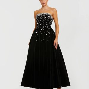 Black Velvet Strapless A-Line Midi Dress with Embellishments
