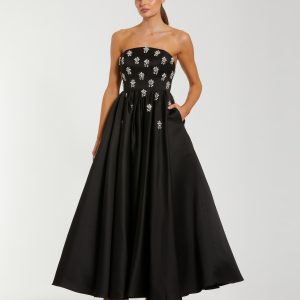Black Crystal Embellished Strapless Satin A-Line Dress