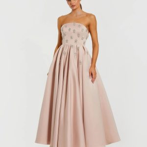 Pink Crystal Embellished Strapless Satin A-Line Dress